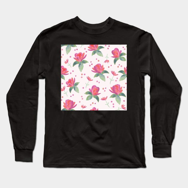 Pink Watercolor Roses with Soft green foliage and dotty background Long Sleeve T-Shirt by FrancesPoff